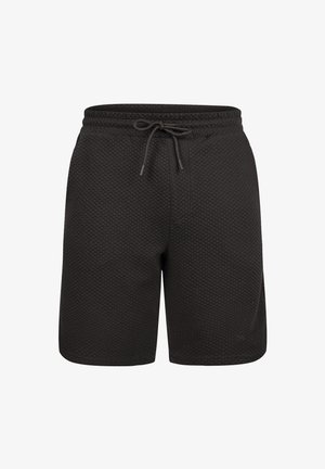 Shorts noirs en tissu tissé avec une surface texturée, dotés d'une taille élastique et d'un cordon de réglage. Longueur mi-cuisse.