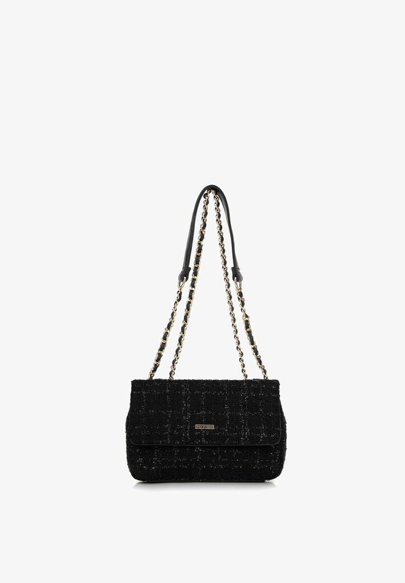 Black tweed handbag with a textured finish, featuring gold-tone chain and leather straps, and a front flap closure.