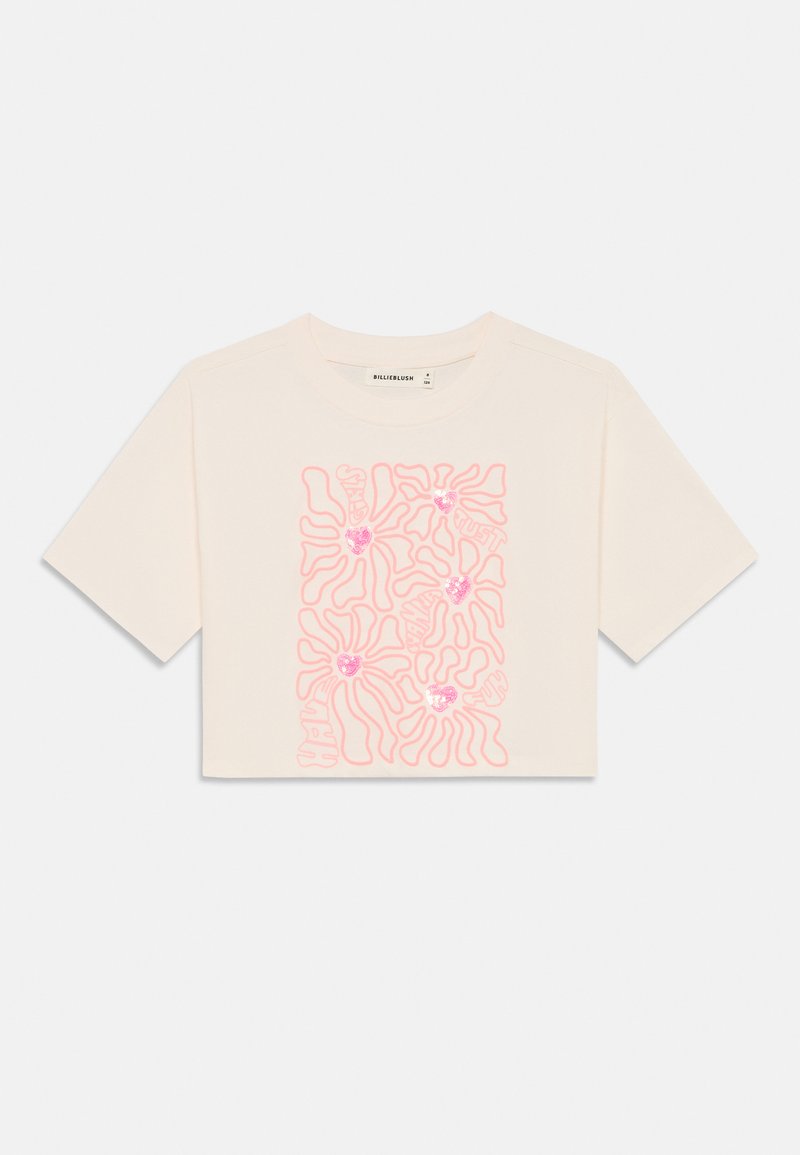 Kratīta krēma krāsa t-krekls ar īsām piedurknēm, kas rotāta ar rozā abstraktajiem ziedu motīviem un spīdumu. Izgatavots no mīksta kokvilnas auduma.
