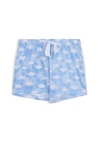 Pantaloni corti azzurri chiari con un motivo a nuvole bianche, realizzati in tessuto morbido, con vita elastica e chiusura a cordoncino per la regolazione.