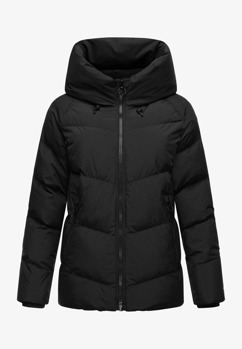 Schwarze Steppjacke mit hoch geschützter, gepolsterter Kapuze. Verfügt über gesteppten Bereiche, einen vorderen Reißverschluss und seitliche Taschen. Glattes, strukturiertes Material.