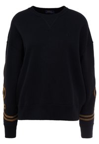 Felpa nera in cotone, con scollo rotondo, vestibilità oversize e dettagli ricamati in oro lungo le maniche.