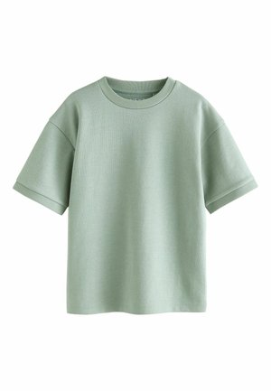 Hellgrünes T-Shirt mit kurzen Ärmeln und Rundhalsausschnitt, hergestellt aus weichem Baumwollstoff; verfügt über eine lockere Passform und gerippte Bündchen.