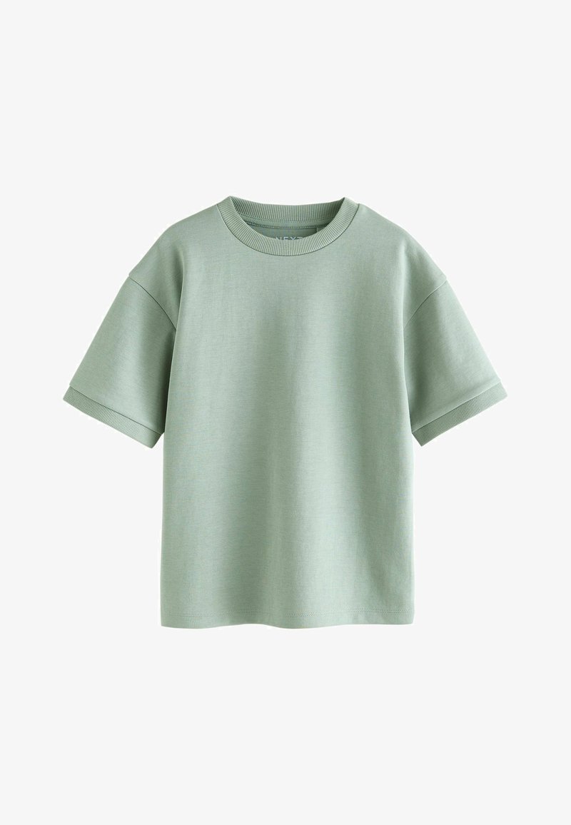 Hellgrünes T-Shirt mit kurzen Ärmeln und Rundhalsausschnitt, hergestellt aus weichem Baumwollstoff; verfügt über eine lockere Passform und gerippte Bündchen.