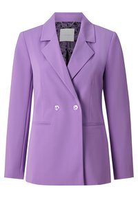 Liliowy dwurzędowy żakiet z wąskimi klapami, wyposażony w dwie przednie kieszenie i błyszczące fioletowe guziki. Gładka tkanina o subtelnym połysku.