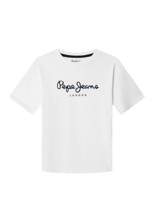T-shirt bianca a maniche corte con la scritta "Pepe Jeans" in corsivo nero e "LONDON" in piccole lettere maiuscole rosse sul davanti.