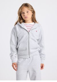 Grey zip-up hoodie made from soft material, featuring a front pocket, ribbed cuffs, and a small red logo. Styled with a striped shirt underneath.