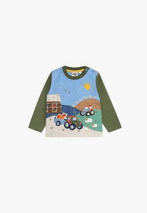 Langärmeliges Shirt mit blau-grünem Design, das Traktorillustrationen, gestickte Tiere und einen Knopfdetails an der Schulter aufweist.