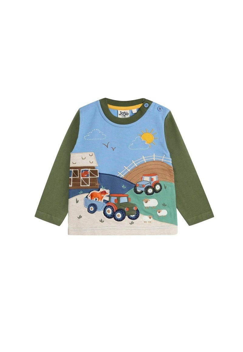 Langärmeliges Shirt mit blau-grünem Design, das Traktorillustrationen, gestickte Tiere und einen Knopfdetails an der Schulter aufweist.