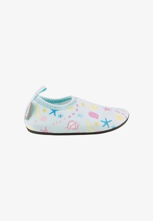 Light blue slip-on water shoe with pastel sea shells and starfish patterns and a black sole.