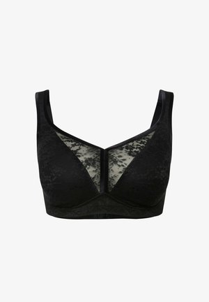 Zwarte kanten bh met een V-hals ontwerp, doorzichtige kanten panelen en een gladde, gestructureerde bodice. Verstelbare schouderbandjes en een haak-en-oogsluiting aan de achterkant.