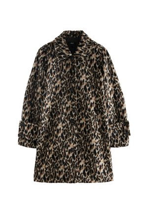 Leopard print long coat with black buttons and buttoned cuffs, featuring a wide collar and a straight cut.