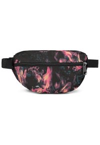 Black fanny pack with a colorful abstract pattern featuring pink, blue, and purple swirls; includes a zipper and adjustable strap.