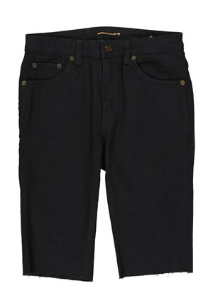 Short en denim noir avec cinq poches, fermeture par bouton, passants de ceinture et ourlet brut.