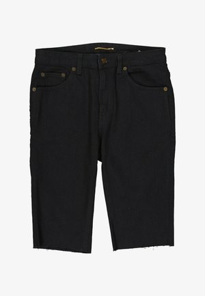 Short en denim noir avec cinq poches, fermeture par bouton, passants de ceinture et ourlet brut.
