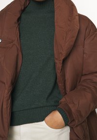 Hnědá péřová bunda s vysokým límcem, s hladkou texturou. Pod ní je tmavě zelený pletený svetr s vroubkovaným lemem.