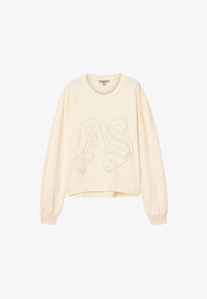 Roomkleurige sweatshirt met een cropped ontwerp, met een gestructureerd "AS" logo aan de voorkant, lange mouwen en een ronde hals.
