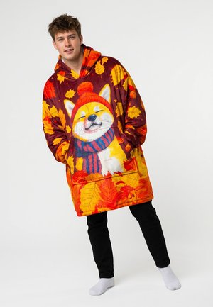 Młody mężczyzna w za dużej, jesiennej bluzie z kapturem, na której widnieje uśmiechnięty pies w czerwonej czapce i szaliku, stoi na jednej nodze z rękami w kieszeniach.