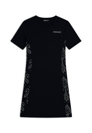 Abito corto nero a maniche corte con pannelli laterali grigi a motivo. Realizzato in tessuto morbido, presenta un logo discreto stampato sul petto.