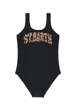 Costume da bagno intero nero con spalline larghe e scritta "STUART" con texture leopardata sul petto.