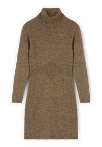Braunes Strickkleid mit hohem Kragen, langenÄrmeln, gerippten Bündchen und einem strukturierten Rautenmuster auf der Vorderseite. Weiches, warmes Material.