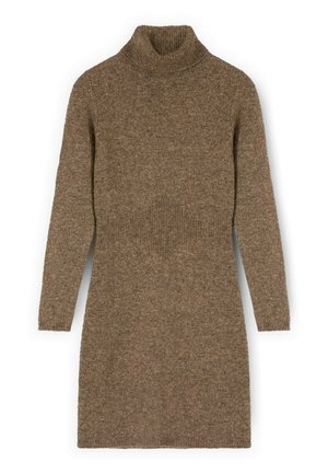 Braunes Strickkleid mit hohem Kragen, langenÄrmeln, gerippten Bündchen und einem strukturierten Rautenmuster auf der Vorderseite. Weiches, warmes Material.
