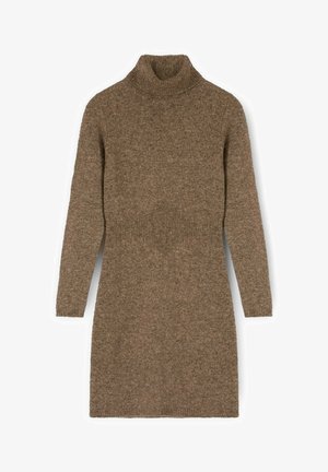 Braunes Strickkleid mit hohem Kragen, langenÄrmeln, gerippten Bündchen und einem strukturierten Rautenmuster auf der Vorderseite. Weiches, warmes Material.