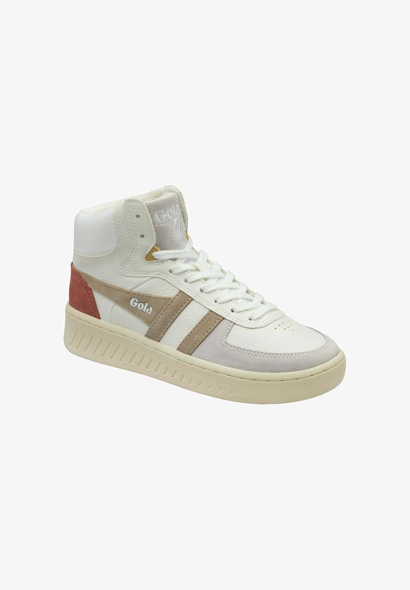 Sneaker alta in pelle bianca e suede beige con un tocco di rosa. Materiali testurizzati e suola rigata. Logo visibile sul lato.