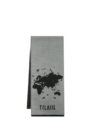 Sciarpa grigia con design della mappa mondiale nera e testo "1° CLASSE" stampato in basso.
