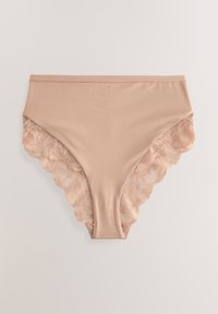 Sous-vêtements beiges taille haute pour femme avec détails en dentelle sur les côtés, posés à plat sur un fond clair uni.