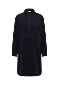 Robe chemise en velours côtelé navy foncé à manches longues, avec un col pointu, une patte de boutonnage et des manches à poignet.