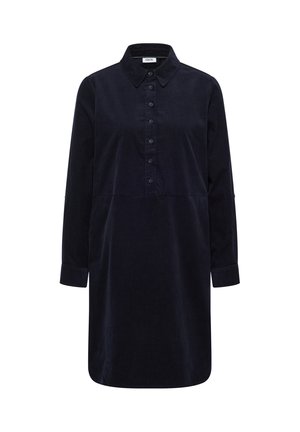 Robe chemise en velours côtelé navy foncé à manches longues, avec un col pointu, une patte de boutonnage et des manches à poignet.