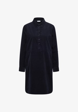 Donker marineblauw corduroy lange mouw shirtjurk met een puntige kraag, knoopsluiting en manchet mouwen.