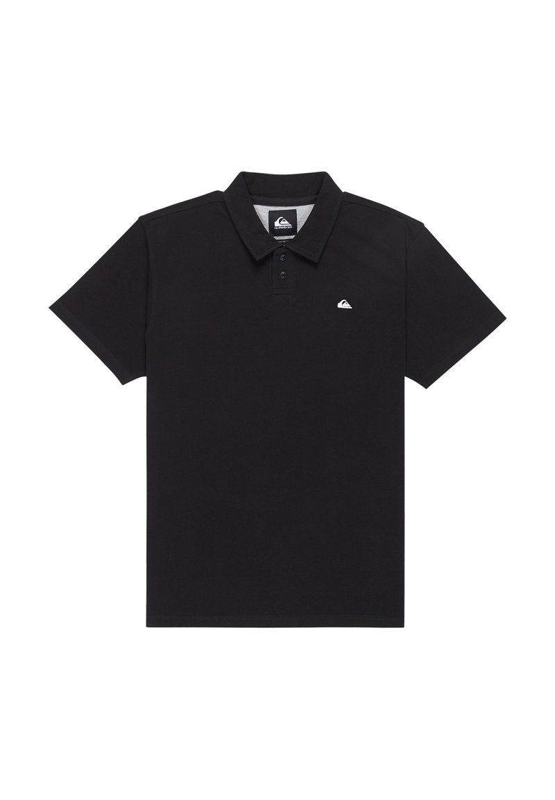 Zwarte polo met een kraag, drie knopen aan de voorkant en een klein wit logo op de linkerborst. Korte mouwen, gemaakt van katoen.