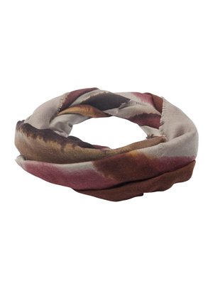 Miękki infinity szalik z tkaniny w mieszance stonowanych kolorów ziemi, w tym brązu, beżu i bordo, ułożony w skręconą pętlę.