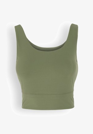 Oliwkowy, skrócony top na ramiączkach wykonany z elastycznej tkaniny, z szerokim dekoltem w serek, grubymi ramiączkami oraz bezszwowym wykończeniem dla gładkiego efektu.