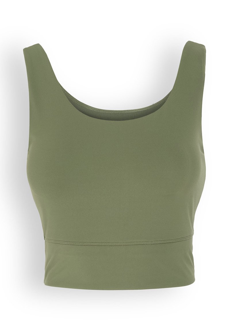 Oliwkowy, skrócony top na ramiączkach wykonany z elastycznej tkaniny, z szerokim dekoltem w serek, grubymi ramiączkami oraz bezszwowym wykończeniem dla gładkiego efektu.