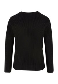Schwarzer Strickpullover mit Rippstruktur, langen Ärmeln und rundem Halsausschnitt. Die Rückseite ist schlicht, mit dezenten Seitennähten.
