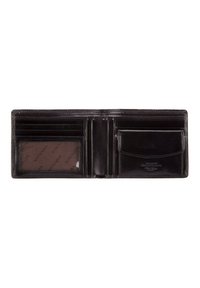 Billetera de cuero negro con múltiples compartimentos para tarjetas, una ventana transparente para identificación y un bolsillo frontal. Textura suave con costuras decorativas.