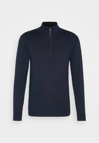 Maglione blu navy a maniche lunghe con polsini e orlo a costine, dotato di zip sul davanti fino a metà e colletto alla coreana.