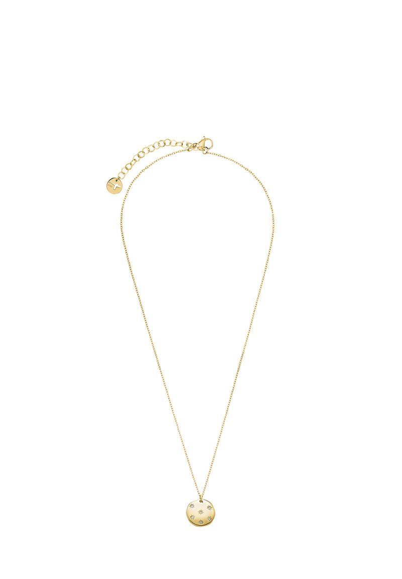 Halskette in Goldoptik mit einer verstellbaren Kette, die einen runden Anhänger mit sternenähnlichen Mustern und einem kleinen Markenzeichen präsentiert.