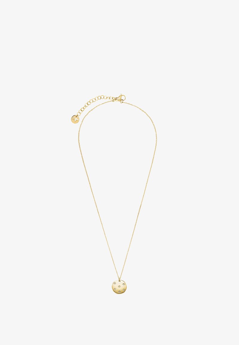 Halskette in Goldoptik mit einer verstellbaren Kette, die einen runden Anhänger mit sternenähnlichen Mustern und einem kleinen Markenzeichen präsentiert.