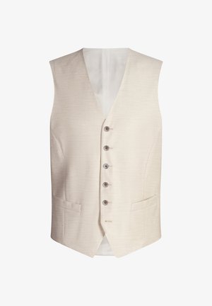 Gilet beige senza maniche con scollo a V, cinque bottoni, tasche laterali, tessuto strutturato e fodera interna liscia.