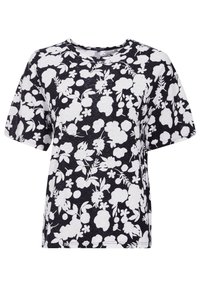 Camiseta negra de manga corta con un patrón floral blanco, cuello redondo, corte relajado y tejido texturizado.