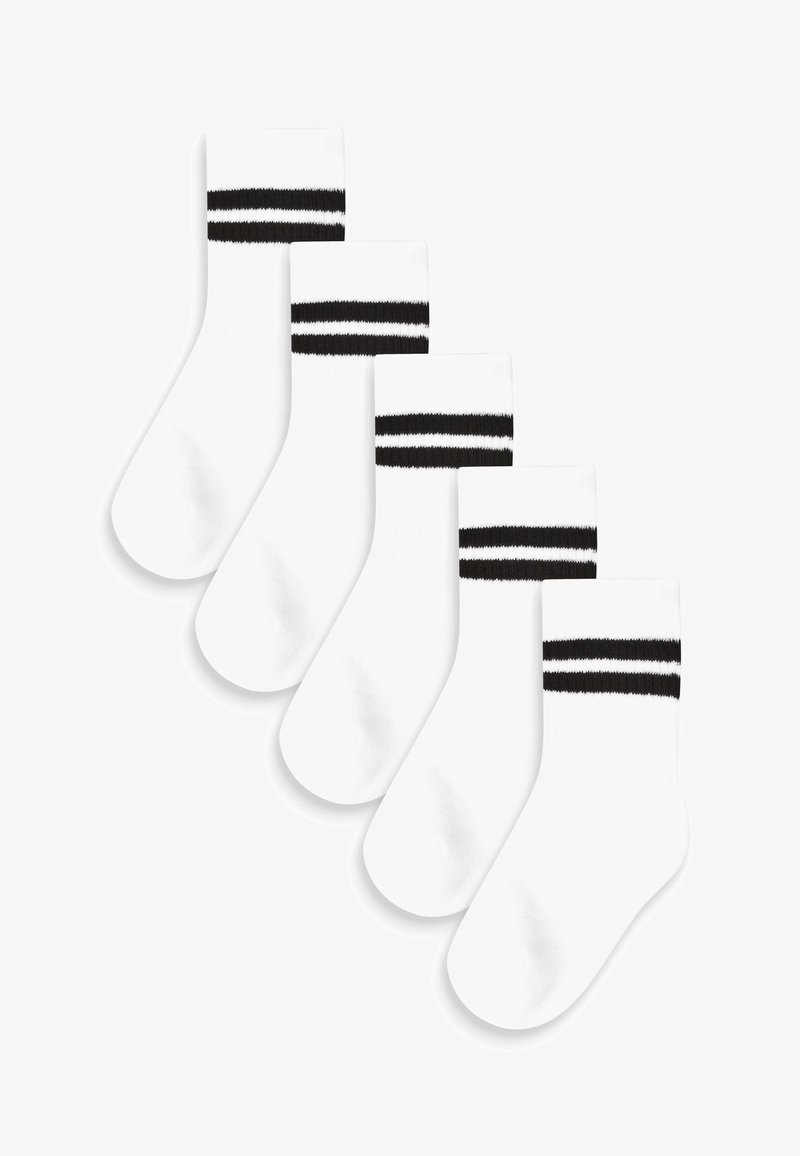 Vijf paar witte sokken met twee zwarte strepen aan de bovenkant. Gemaakt van zachte stof met een gladde textuur en enkellange design.