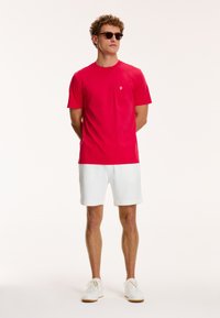 Tricou roșu cu mânecă scurtă, având un mic buzunar la piept, pantaloni scurți albi și adidași albi. Modelul poartă ochelari de soare și stă în fața unui fundal deschis.