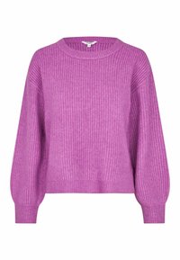 Lila gerippter Strickpullover mit langen Ballonärmeln und Rundhalsausschnitt, Größe S/M.