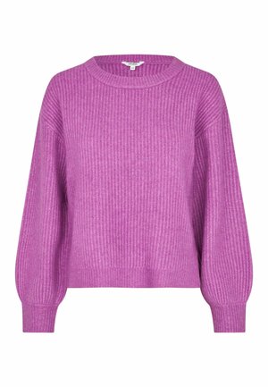 Paars geribd gebreide trui met lange ballonmouwen en een ronde halslijn, maat small/medium.