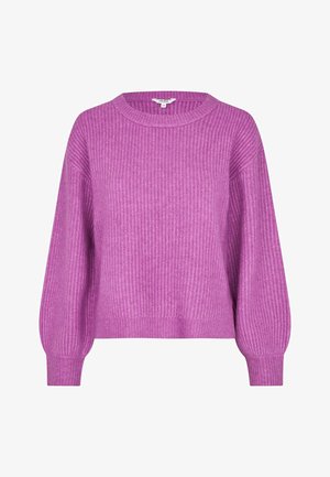 Purple ribbed knit sweater with long balloon sleeves and a crew neckline, size small/medium.