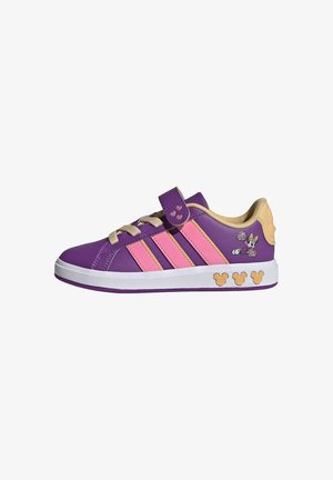 Purple and pink synthetic sneakers with a Velcro strap, featuring three stripes, a Minnie Mouse graphic, and a white sole with Mickey accents.